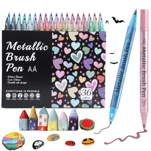 Veroa 36 Farben Dual Tip Metallic Stifte Acrylic Marker Filzstifte - Steine Bemalen Glitzerstifte Set - für Fotoalben, Sammelalben, Hochzeitsgästebücher, Glasgemälde, Kunsthandwerk von Veroa