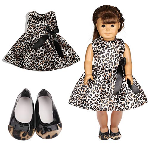 Veroda Leopard Dots Bedrucktes Kleid mit schwarzer Schleife Knoten Schuhe Kleidung Schuhe Set für 18 Zoll American Girl Puppen Unsere Generation von Veroda