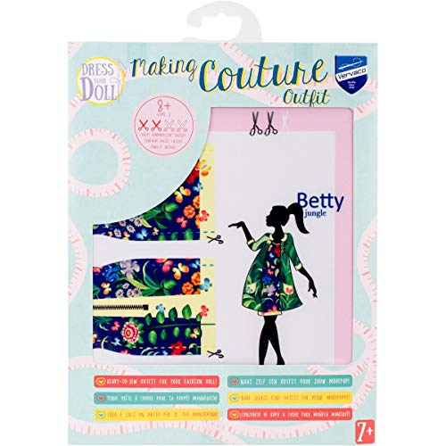 DRESS YOUR DOLL Mini Schneiderpuppe Nähset Anfänger Mit Stoff BETTY JUNGLE Modepuppen Kleidung Nähen Lernen für Kinder Kreatives Hobby für Zuhause ca. 30 x 39 cm Modedesign Puppe Fashion Design Kit von Vervaco