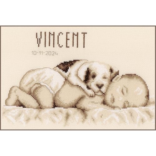 VERVACO Gezählter Kreuzstich Stickpackungen Stickset Baby Geburt Baby und Hund Wanddekoration Handarbeit Set für Erwachsene Kreatives Handwerk ca. 26 x 20 cm Geburt Geschenk Hausdeko von Vervaco