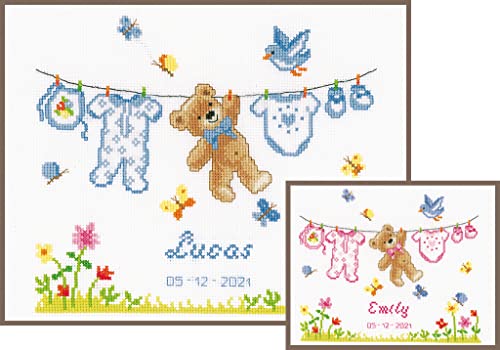 VERVACO Gezählter Kreuzstich Stickpackungen Stickset Baby Geburt Geburtsbär Wanddekoration Handarbeit Set für Erwachsene Kreatives Handwerk ca. 22 x 20 cm Geburt Geschenk Hausdeko von Vervaco