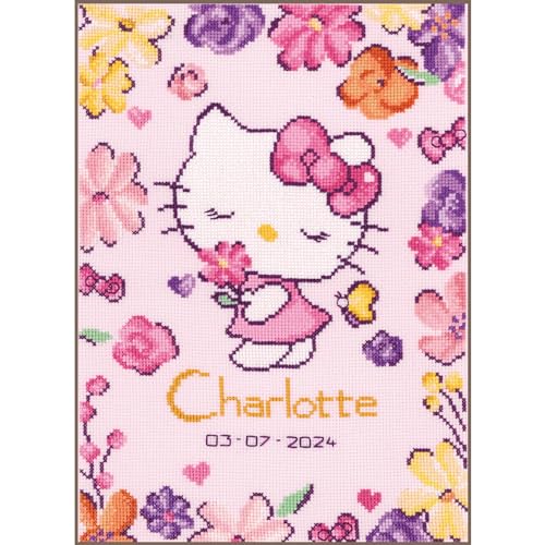 VERVACO Gezählter Kreuzstich Stickpackungen Stickset Baby Geburt Hello Kitty Delicate Flowers Wanddekoration Handarbeit Set für Erwachsene Kreatives Handwerk ca. 21 x 30 cm Geburt Geschenk Hausdeko von Vervaco