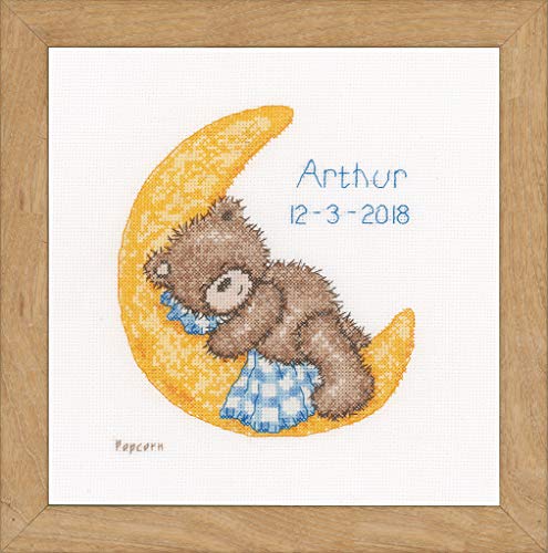 VERVACO Gezählter Kreuzstich Stickpackungen Stickset Baby Geburt Popcorn Schlafend auf dem Mond Wanddekoration Handarbeit Set für Erwachsene Kreatives Handwerk ca. 16 x 18 cm Geburt Geschenk Hausdeko von Vervaco