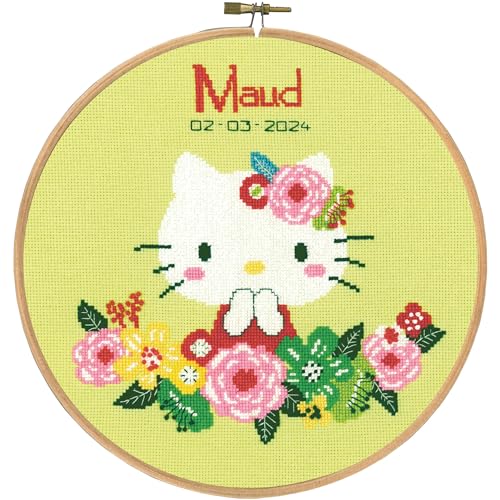 VERVACO Gezählter Kreuzstich Stickpackungen mit Stickrahmen Stickset Baby Geburt Hello Kitty Green Floral Wanddekoration Handarbeit Set für Erwachsene ca. 20 x 20 cm Geburt Geschenk Hausdeko von Vervaco