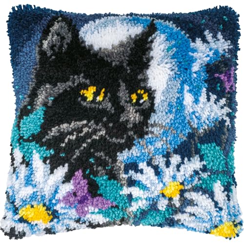VERVACO Knüpfkissen Set Deko Kissenbezug Knüpfset für Anfänger KATZE IN DER NACHT Basteln Erwachsene Kreativ DIY Handarbeit Kissen zum Selber Knüpfe 40 x 40 cm Latch Hook Kit Knüpfhaken Kissen von Vervaco