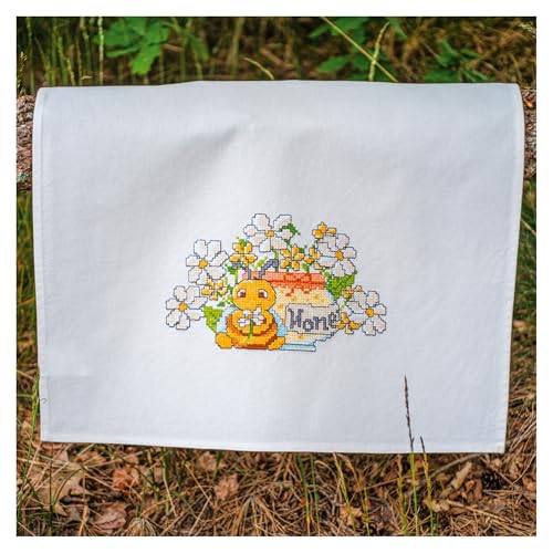 VERVACO Kreuzstich Stickpackungen Geschirrtuch GLÜCKLICHE BIENE Vorgezeichnet Basteln Erwachsene Kreativ Set Vorgedruckte Küchentuch Sticken ca. 46 x 71 cm Handarbeit Zubehör DIY Hausdeko Sticken Set von Vervaco