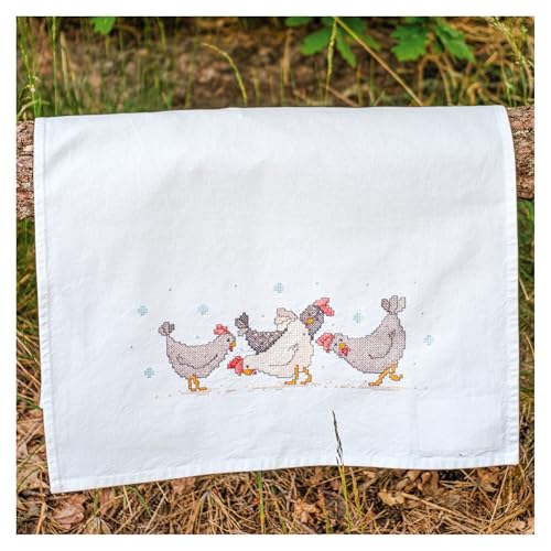 VERVACO Kreuzstich Stickpackungen Geschirrtuch HÜHNER Vorgezeichnet Basteln Erwachsene Kreativ Set Vorgedruckte Küchentuch Sticken ca. 46 x 71 cm Handarbeit Zubehör DIY Hausdeko Sticken Set von Vervaco