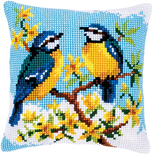 VERVACO Kreuzstich Stickpackungen Kissen Stickerei Set Anfänger Vorgedruckt Blaumeisen DIY Set Kreativ Set Für Erwachsene Dekoratives Kissen ca. 40 x 40 cm Bastelset Handwerker Haus Dekoration von Vervaco