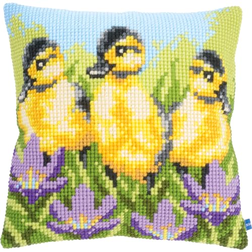 VERVACO Kreuzstich Stickpackungen Kissen Stickerei Set Anfänger Vorgedruckt Entenküken DIY Set Kreativ Set Für Erwachsene Dekoratives Kissen ca. 40 x 40 cm Bastelset Handwerker Haus Dekoration von Vervaco