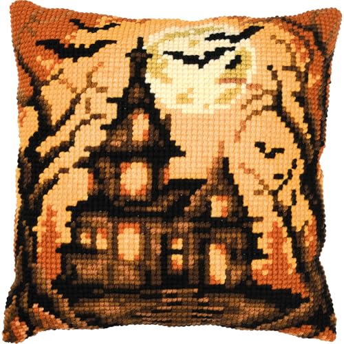 VERVACO Kreuzstich Stickpackungen Kissen Stickerei Set Anfänger Vorgedruckt HALLOWEEN-ZUHAUSE DIY Set Kreativ Set Für Erwachsene Dekoratives Kissen ca. 40 x 40 cm Bastelset Handwerker Haus Dekoration von Vervaco