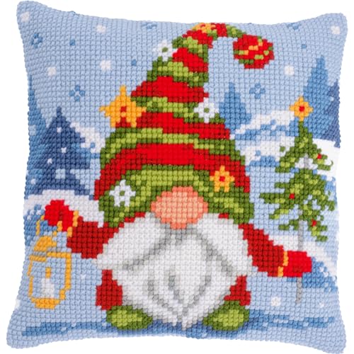 VERVACO Kreuzstich Stickpackungen Kissen Stickerei Set Anfänger Vorgedruckt Weihnachtsgnom DIY Set Kreativ Set Für Erwachsene Dekoratives Kissen ca. 40 x 40 cm Bastelset Handwerker Haus Dekoration von Vervaco