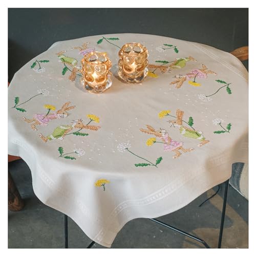 VERVACO Kreuzstich Stickpackungen Tischdecke Osterhasen Stickdecken Vorgezeichnet Basteln Erwachsene Kreativ Set Vorgedruckte Decke Sticken 80 x 80 cm Stickset DIY Sticken Set von Vervaco