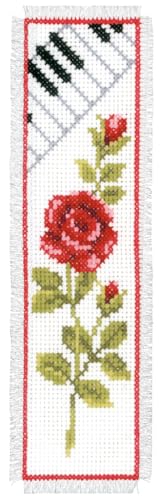 VERVACO Lesezeichen Kreuzstich Stickpackungen Gezählter Kreuzstich Set Rose mit Klavier DIY Set Erwachsene Sticken Lesen Zubehör Geschenk Zählmusterpackung ca. 6 x 20 cm Stickset für Anfänger von Vervaco