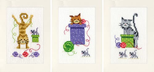 VERVACO Gezählter Kreuzstich Stickpackungen Grußkarten zum Selbstgestalten Verspielte Katzen 3er DIY Postkarten Erwachsene Sticken Bastel ca. 10,5 x 15 cm Stickset für Anfänger Kreatives Geschenk von Vervaco
