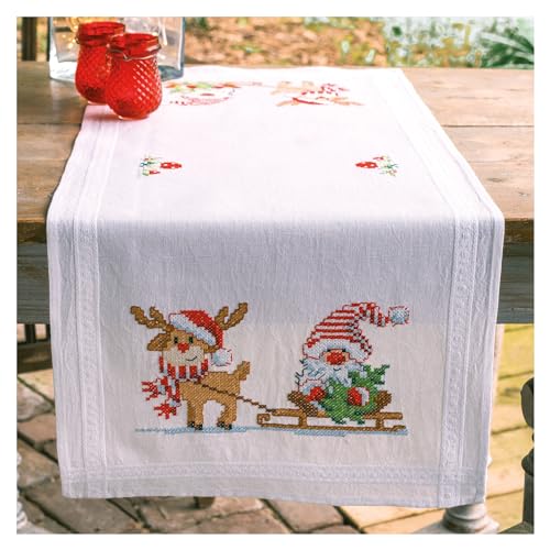 VERVACO Stickpackung Kreuzstich Set Vorgedruckt Tischläufer Wichtel und Rentier Stickdecken Vorgezeichnet Basteln Erwachsene Kreativ Stickläufer zum Selbersticken 40 x 100 cm Stickset Weihnachten von Vervaco