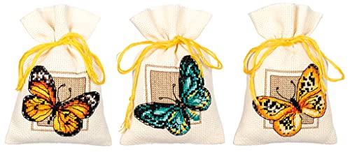 VERVACO Zählmusterpackung Stickset Säckchen Schmetterlinge 3er DIY Gezählter Kreuzstich Stickpackungen Basteln Erwachsene Kreativ Set 8 x 12 cm Stickset für Anfänger Stoffbeutel zum Sticken von Vervaco