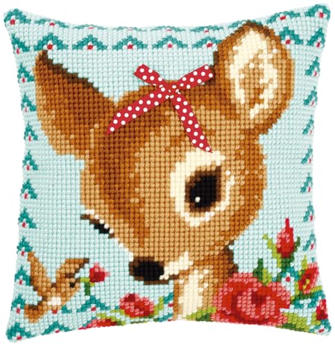 Vervaco Bambi mit Schleife Kreuzstichkissen/Stickkissen vorgedruckt, Baumwolle, Mehrfarbig, 40 x 40 x 0.3 cm von Vervaco