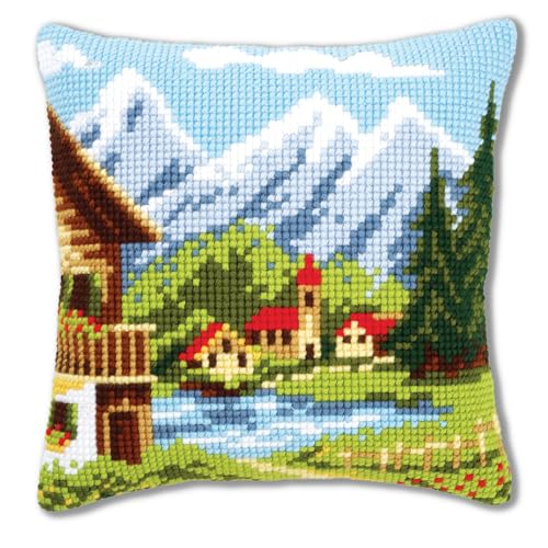 VERVACO Kreuzstich Stickpackungen Kissen Stickerei Set Anfänger Vorgedruckt Bergdorf I DIY Set Kreativ Set Für Erwachsene Dekoratives Kissen ca. 40 x 40 cm Bastelset Handwerker Haus Dekoration von Vervaco