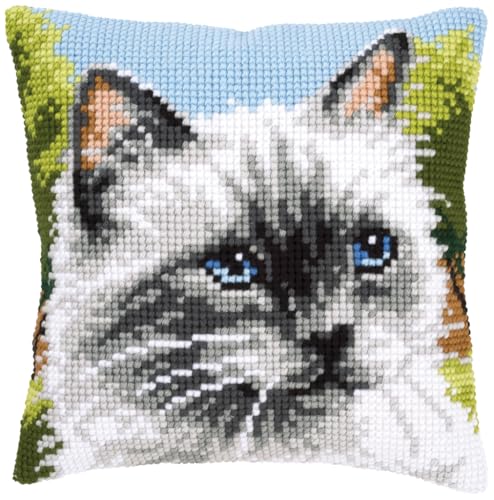 VERVACO Kreuzstich Stickpackungen Kissen Stickerei Set Anfänger Vorgedruckt Blaue Augen DIY Set Kreativ Set Für Erwachsene Dekoratives Kissen ca. 40 x 40 cm Bastelset Handwerker Haus Dekoration von Vervaco
