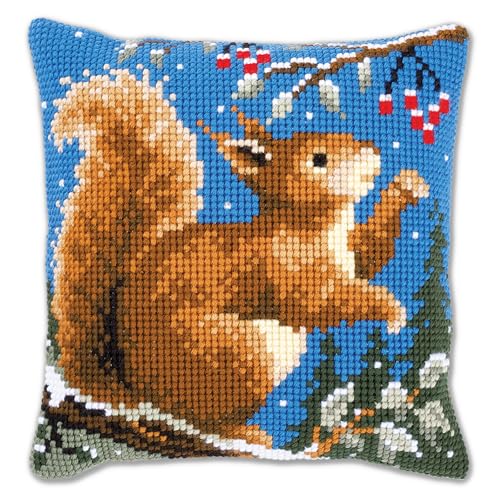 Vervaco Eichhörnchen im Winter Kreuzstichkissen, Stramin, Weiß, 40 x 40 x 0,3 cm von Vervaco