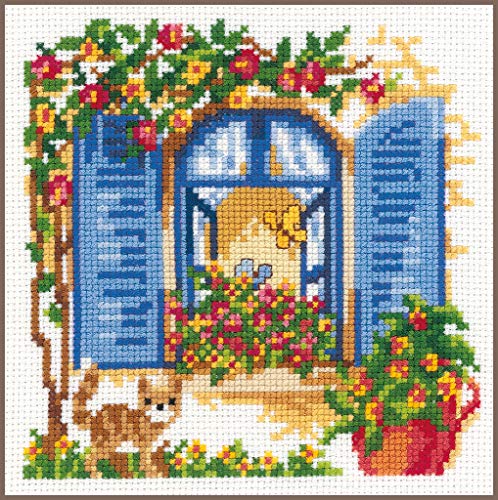 Vervaco Gezählter Kreuzstich Stickpackungen DIY Stickbilder Am Fenster sitzen Wanddekoration Handarbeit Set für Erwachsene Kreatives Handwerk ca. 16 x 16 cm Kreuzstichbilder Set Hausdeko von Vervaco