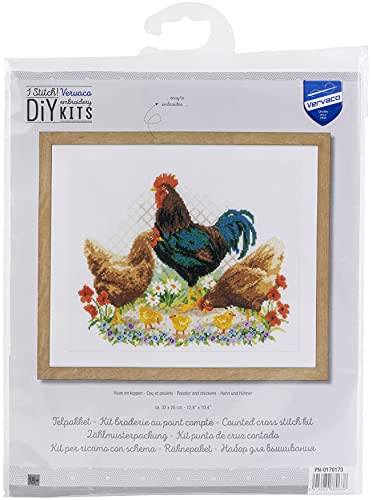 Vervaco Gezählter Kreuzstich Stickpackungen DIY Stickbilder Hahn und Hühner Wanddekoration Handarbeit Set für Erwachsene Kreatives Handwerk ca. 32 x 26 cm Kreuzstichbilder Set Hausdeko von Vervaco