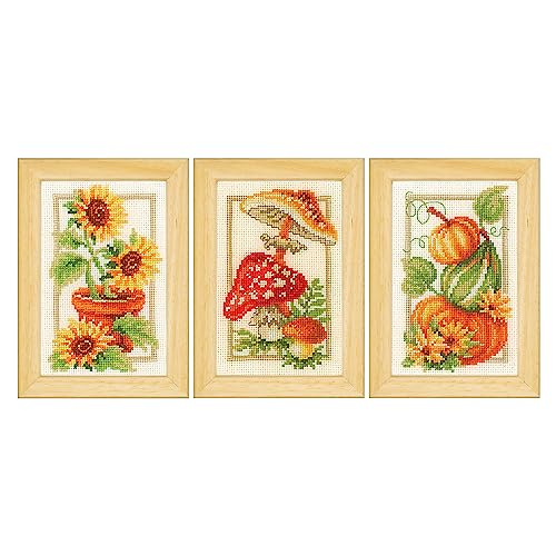 Vervaco Gezählter Kreuzstich Stickpackungen DIY Stickbilder Herbst 3er Wanddekoration Handarbeit Set für Erwachsene Zählmusterpackung ca. 8 x 12 cm Kreuzstichbilder Set Hausdeko von Vervaco