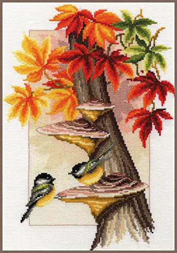 Vervaco Gezählter Kreuzstich Stickpackungen DIY Stickbilder Meisen zwischen Herbstlaub Wanddekoration Handarbeit Set für Erwachsene Kreatives Handwerk ca. 26 x 37 cm Kreuzstichbilder Set Hausdeko von Vervaco
