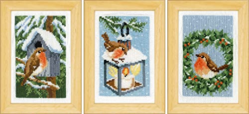 Vervaco Gezählter Kreuzstich Stickpackungen DIY Stickbilder Rotkehlchen im Winter 3er Wanddekoration Handarbeit Set für Erwachsene Zählmusterpackung ca. 8 x 12 cm Kreuzstichbilder Set Hausdeko von Vervaco
