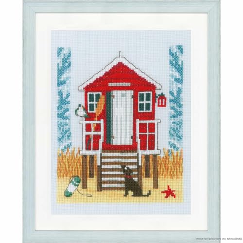Vervaco Gezählter Kreuzstich Stickpackungen DIY Stickbilder Strandkabine Wanddekoration Handarbeit Set für Erwachsene Kreatives Handwerk ca. 18 x 21 cm Kreuzstichbilder Set Hausdeko von Vervaco