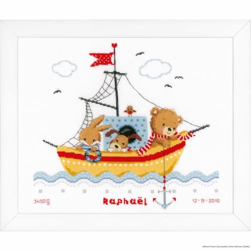 Vervaco Gezählter Kreuzstich Stickpackungen Stickset Baby Geburt Bootsfahrt Wanddekoration Handarbeit Set für Erwachsene Kreatives Handwerk ca. 36 x 33 cm Geburt Geschenk Hausdeko von Vervaco