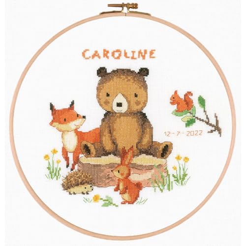 Vervaco Gezählter Kreuzstich Stickpackungen mit Stickrahmen Stickset Baby Geburt Waldtiere Wanddekoration Handarbeit Set für Erwachsene Kreatives Handwerk ca. 24 x 24 cm Geburt Geschenk Hausdeko von Vervaco