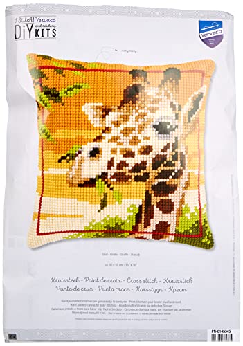 Vervaco Giraffe Kreuzstichkissen/Stickkissen vorgedruckt, Baumwolle, Mehrfarbig, 40 x 40 x 0.3 cm von Vervaco