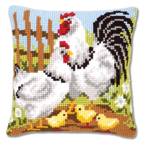VERVACO Kreuzstich Stickpackungen Kissen Stickerei Set Anfänger Vorgedruckt Hühnerfamilie & Bauernhorf DIY Set Kreativ Set Für Erwachseneca. 40 x 40 cm Bastelset Handwerker Haus Dekoration von Vervaco