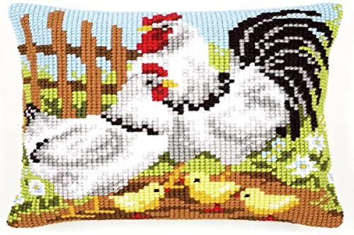 Vervaco Hühnerfamilie auf Bauernhorf Kreuzstichkissen/Stickkissen vorgedruckt, Baumwolle, Mehrfarbig, 40 x 40 x 0.3 cm von Vervaco