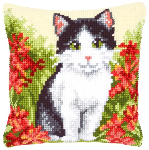 VERVACO Kreuzstich Stickpackungen Kissen Stickerei Set Anfänger Vorgedruckt Katze in Blumen Feld DIY Set Kreativ Set Für Erwachseneca. 40 x 40 cm Bastelset Handwerker Haus Dekoration von Vervaco
