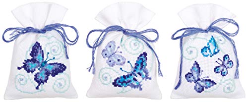 Vervaco Zählmusterpackung Stickset Säckchen Blaue Schmetterlinge 3er DIY Gezählter Kreuzstich Stickpackungen Basteln Erwachsene Kreativ Set 8 x 12 cm Stickset für Anfänger Stoffbeutel zum Sticken von Vervaco