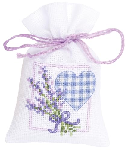 VERVACO Zählmusterpackung Stickset Säckchen Lavendel m. Herz DIY Gezählter Kreuzstich Stickpackungen Basteln Erwachsene Kreativ Set ca. 8 x 12 cm Stickset für Anfänger Stoffbeutel zum Sticken von Vervaco