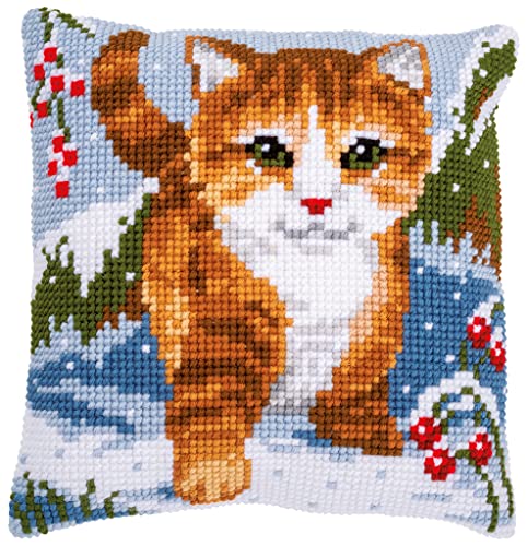 Vervaco Kreuzstich Stickpackungen Kissen Stickerei Set Anfänger Vorgedruckt Katze im Schnee DIY Set Kreativ Set Für Erwachsene Dekoratives Kissen ca. 40 x 40 cm Bastelset Handwerker Haus Dekoration von Vervaco