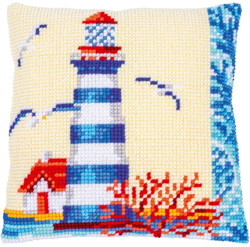 Vervaco Kreuzstich Stickpackungen Kissen Stickerei Set Anfänger Vorgedruckt Leuchtturm DIY Set Kreativ Set Für Erwachsene Dekoratives Kissen ca. 40 x 40 cm Bastelset Handwerker Haus Dekoration von Vervaco