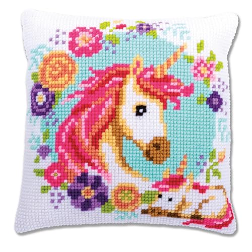 Vervaco Kreuzstich Stickpackungen Kissen Stickerei Set Anfänger Vorgedruckt Mutter und Baby Einhorn DIY Set Kreativ Set Für Erwachseneca. 40 x 40 cm Bastelset Handwerker Haus Dekoration von Vervaco