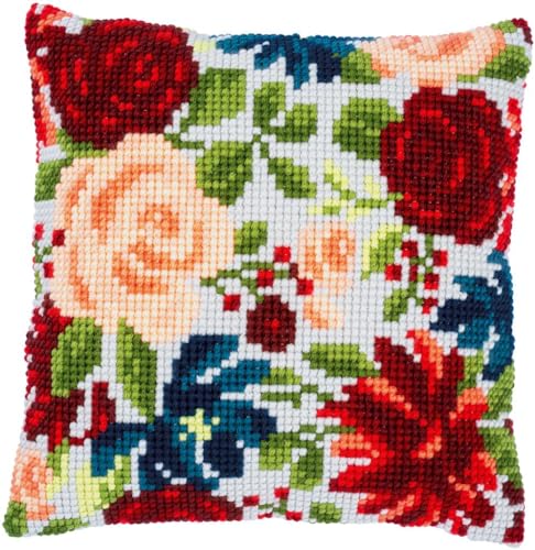 Vervaco Kreuzstich Stickpackungen Kissen Stickerei Set Anfänger Vorgedruckt Pfingstrosen DIY Set Kreativ Set Für Erwachsene Dekoratives Kissen ca. 40 x 40 cm Bastelset Handwerker Haus Dekoration von Vervaco