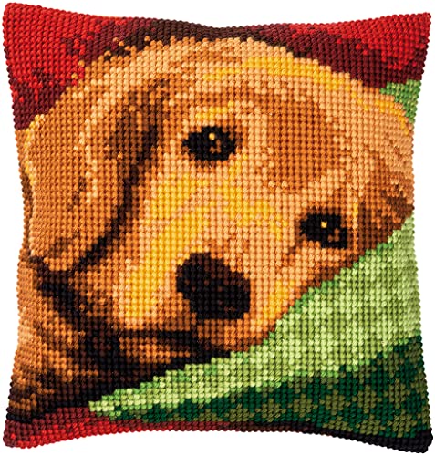 Vervaco Kreuzstich Stickpackungen Kissen Stickerei Set Anfänger Vorgedruckt Schläfriger kleiner Hund DIY Set Kreativ Set Für Erwachseneca. 40 x 40 cm Bastelset Handwerker Haus Dekoration von Vervaco