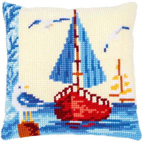 Vervaco Kreuzstich Stickpackungen Kissen Stickerei Set Anfänger Vorgedruckt Segelboot DIY Set Kreativ Set Für Erwachsene Dekoratives Kissen ca. 40 x 40 cm Bastelset Handwerker Haus Dekoration von Vervaco