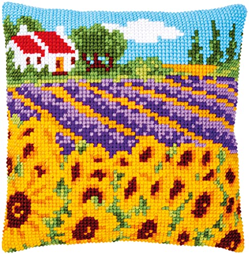 Vervaco Kreuzstich Stickpackungen Kissen Stickerei Set Anfänger Vorgedruckt Sonnenblumenfeld DIY Set Kreativ Set Für Erwachsene Dekoratives Kissen ca. 40 x 40 cm Bastelset Handwerker Haus Dekoration von Vervaco