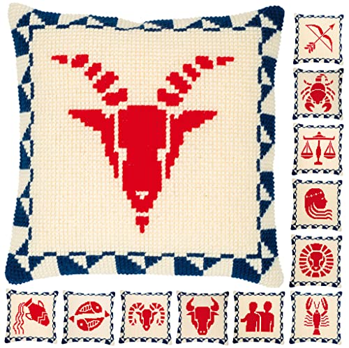 Vervaco Kreuzstich Stickpackungen Kissen Stickerei Set Anfänger Vorgedruckt Sternzeichen DIY Set Kreativ Set Für Erwachsene Dekoratives Kissen ca. 40 x 40 cm Bastelset Handwerker Haus Dekoration von Vervaco