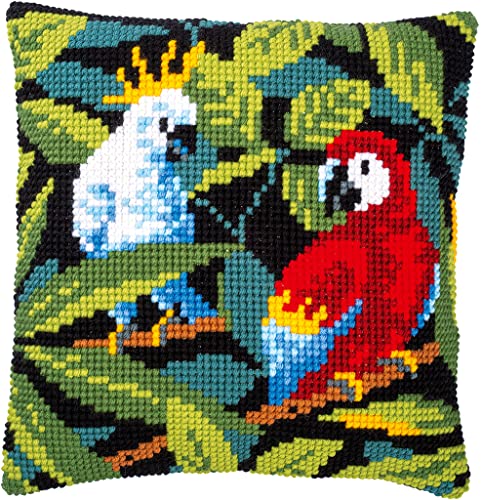 Vervaco Kreuzstich Stickpackungen Kissen Stickerei Set Anfänger Vorgedruckt Tropische Vögel DIY Set Kreativ Set Für Erwachsene Dekoratives Kissen ca. 40 x 40 cm Bastelset Handwerker Haus Dekoration von Vervaco
