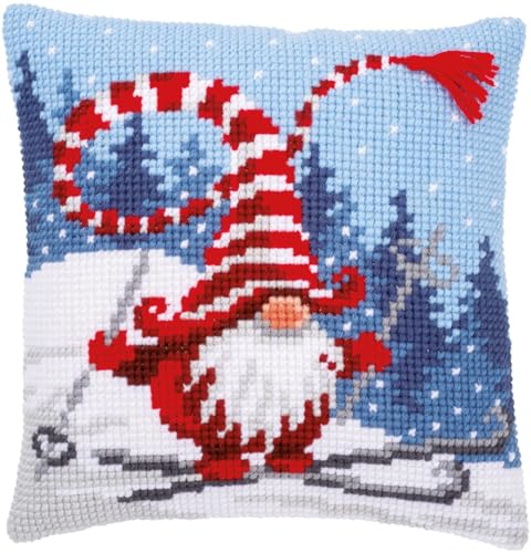 Vervaco Kreuzstich Stickpackungen Kissen Stickerei Set Anfänger Vorgedruckt Weihnachtsgnom auf Ski DIY Set Kreativ Set Für Erwachseneca. 40 x 40 cm Bastelset Handwerker Haus Dekoration von Vervaco