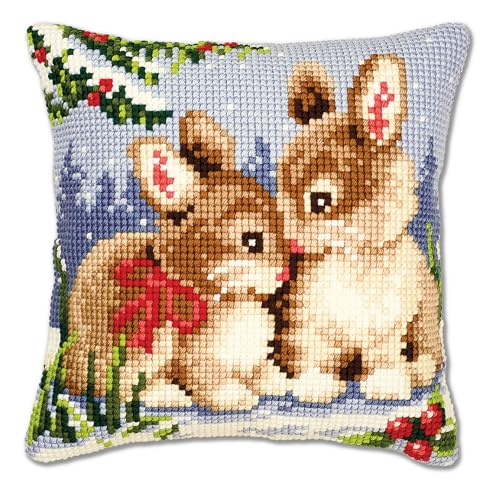 Vervaco Kreuzstich Stickpackungen Kissen Stickerei Set Anfänger Vorgedruckt Kaninchen im Schnee DIY Set Kreativ Set Für Erwachseneca. 40 x 40 cm Bastelset Handwerker Haus Dekoration von Vervaco