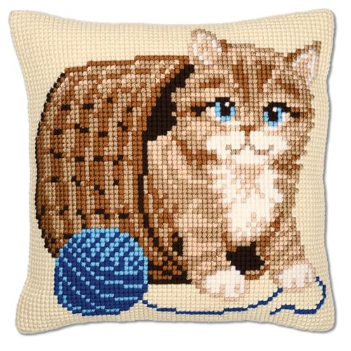 VERVACO Kreuzstich Stickpackungen Kissen Stickerei Set Anfänger Vorgedruckt Katze DIY Set Kreativ Set Für Erwachsene Dekoratives Kissen ca. 40 x 40 cm Bastelset Handwerker Haus Dekoration von Vervaco